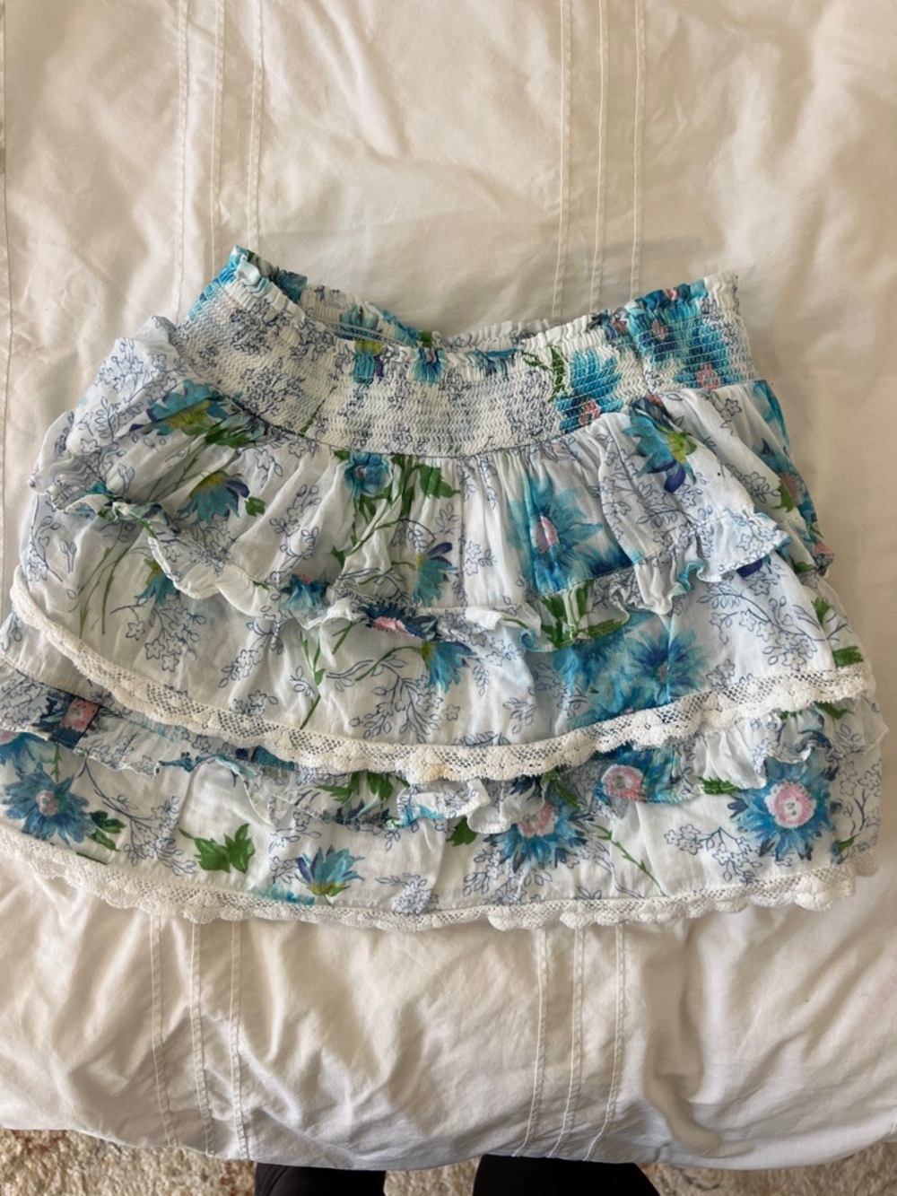 LoveShackFancy White and Blue Floral Ruffled Tiered Skirt